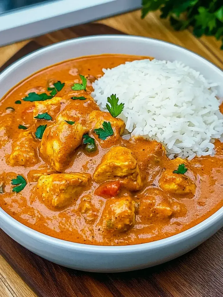 Ein Teller mit cremigem Hühnchencurry und weißem Reis, garniert mit frischer Petersilie.