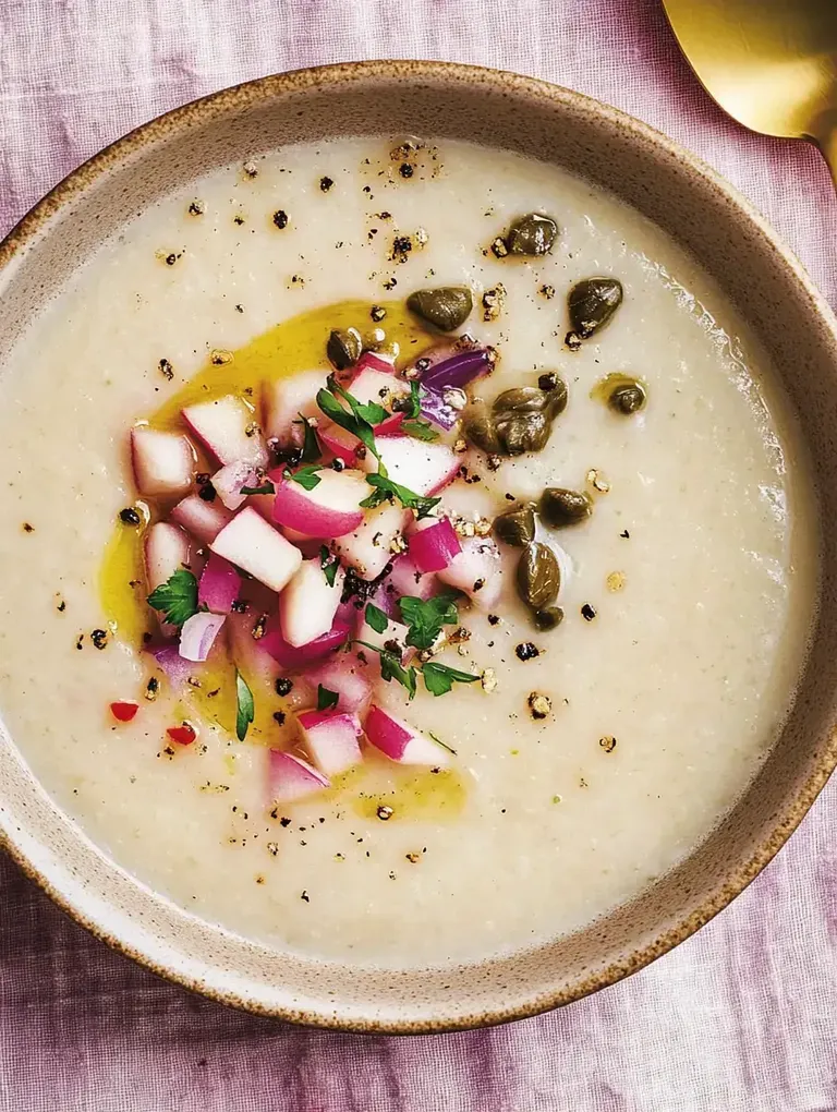 Eine Schüssel cremiger Suppe, garniert mit gewürfeltem Obst, Kräutern, Kapern und einem Spritzer Olivenöl, auf einem rosa Tuch.