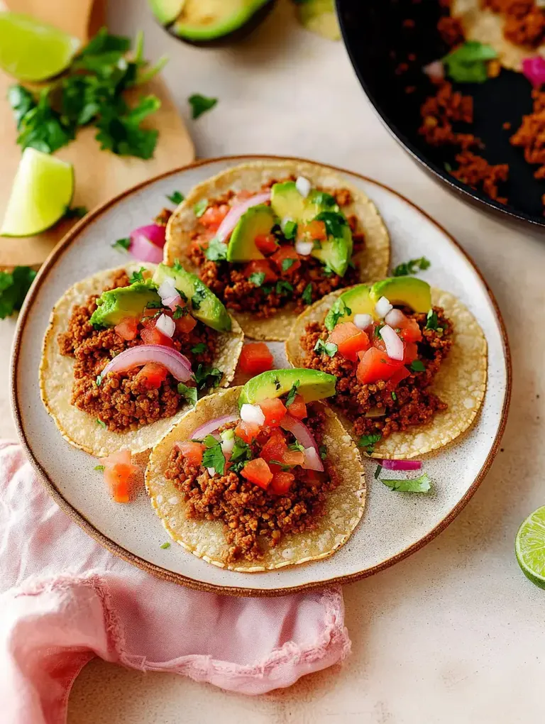 Ein Teller mit vier Tacos, gefüllt mit gewürztem Fleisch, frischen Tomaten, Avocado, Zwiebeln und Koriander, dekoriert mit Limettenscheiben.