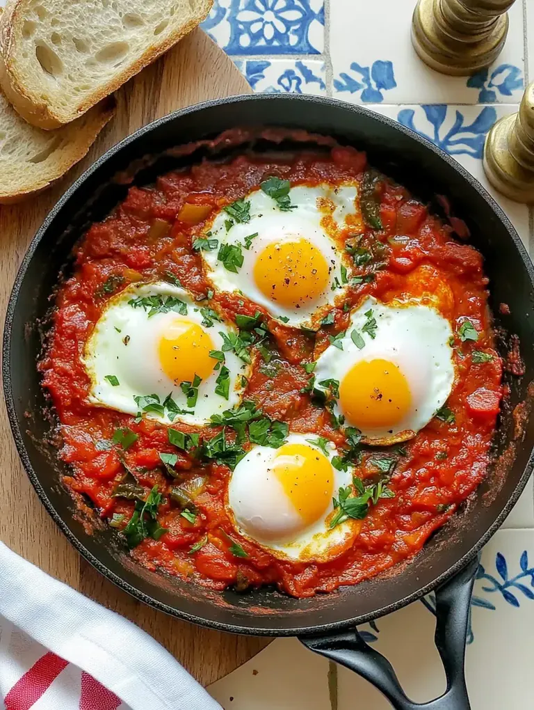 Eine Pfanne mit vier Spiegeleiern in einer herzhaften Tomatensauce, garniert mit frischer Petersilie, neben zwei Scheiben Brot.
