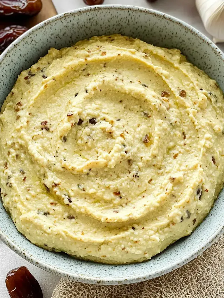 Eine Schüssel mit cremigem Hummus, der mit klein gehackten Datteln verfeinert ist.