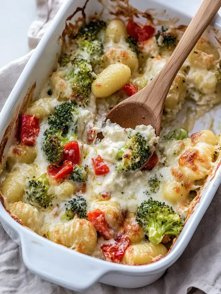 Ein Auflauf aus Gnocchi, Brokkoli und roten Paprika, überbacken mit Käse und serviert mit einem Holzlöffel.