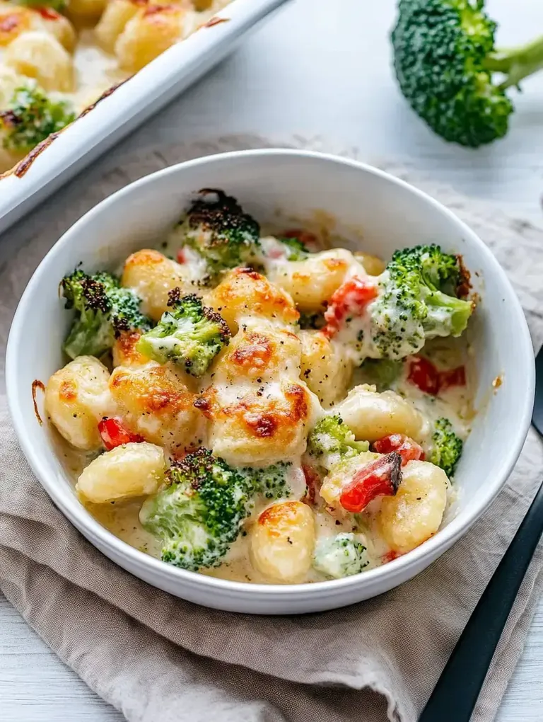 Ein Teller mit überbackenen Gnocchi, Brokkoli und roten Paprika in einer cremigen Sauce.