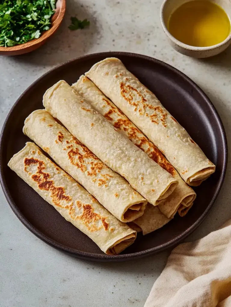 Ein Teller mit mehreren frisch zubereiteten, goldbraun gebräunten Tortillas liegt auf einer neutralen Oberfläche, begleitet von einem kleinen Schälchen mit Olivenöl und einer Holzschüssel mit gehacktem Koriander.