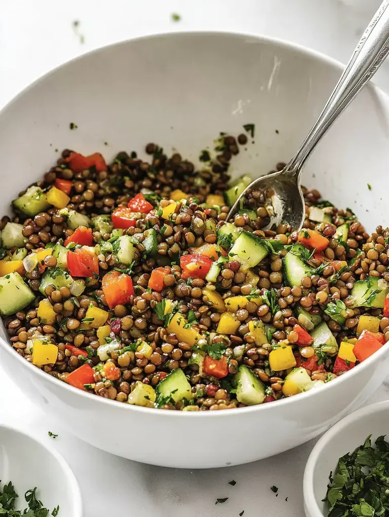 Eine Schüssel mit Linsensalat, angereichert mit gewürfelten Paprika, Gurken und frischen Kräutern.