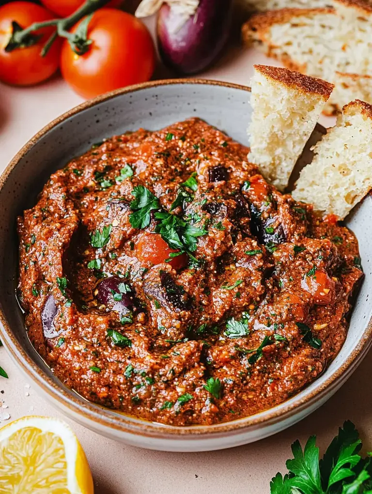Eine Schüssel mit einer traditionellen Paprika-Auberginen-Dip-Sauce, garniert mit frischer Petersilie und serviert mit geröstetem Brot, umgeben von frischen Tomaten und Zitrone.