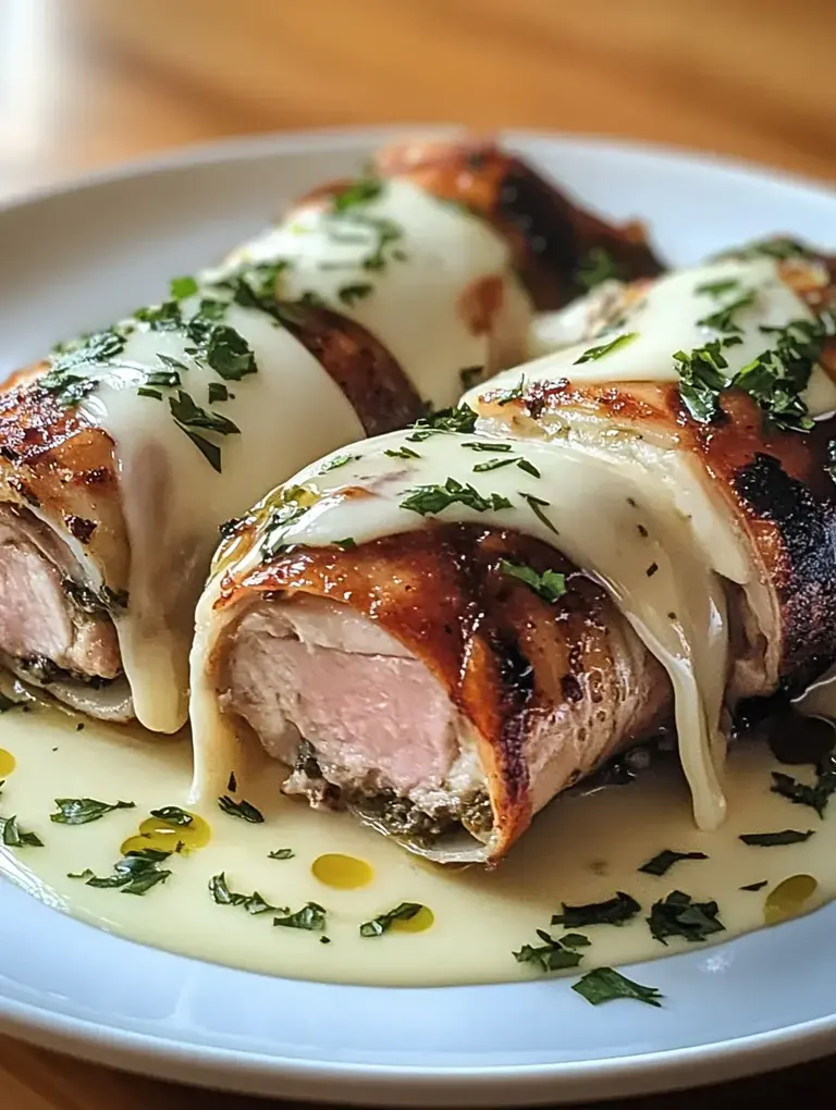 Auf dem Teller liegen zwei gefüllte Fleischröllchen, überzogen mit geschmolzenem Käse und garniert mit frischer Petersilie und einer Sauce.