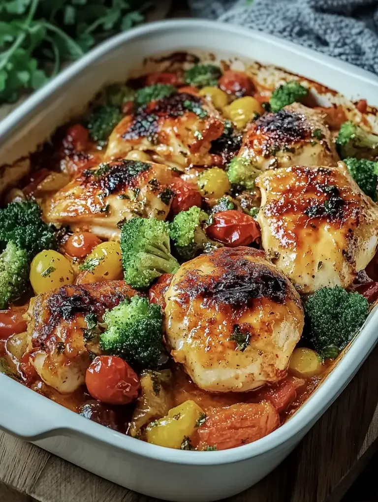 Ein Auflauf mit gebratenen Hühnchenstücken, Brokkoli und bunten Tomaten in einer würzigen Sauce.