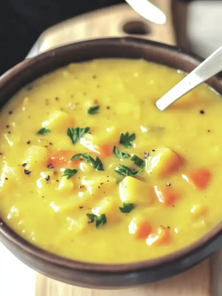 Eine Schüssel mit cremiger gelber Suppe, garniert mit frischer Petersilie und stückigem Gemüse.
