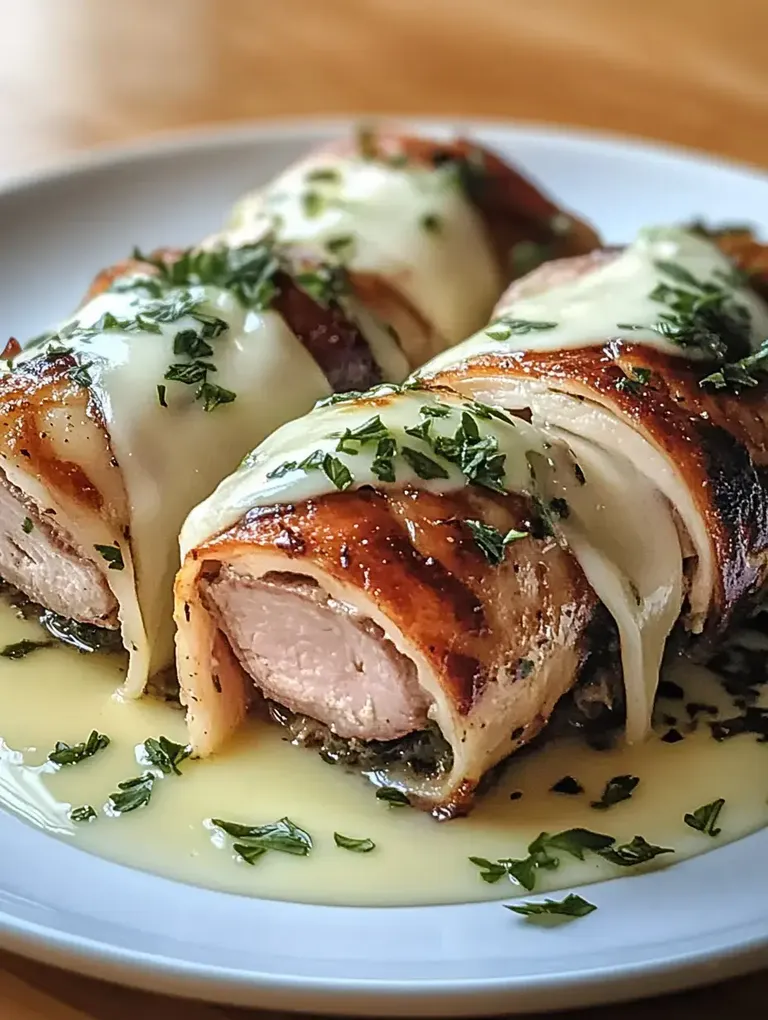 Auf dem Bild sind mit Speck umwickelte Hähnchenfilets mit Käsebelag und frischem Kräuterstreu auf einem weißen Teller zu sehen.