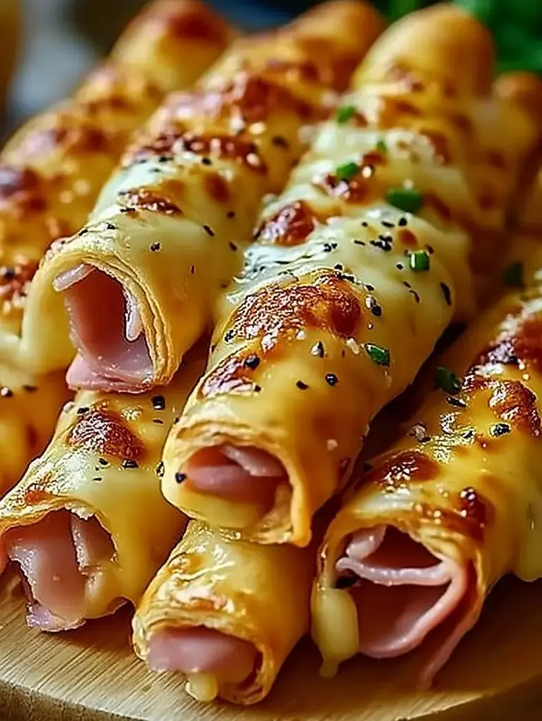 Gerollte Teigstücke mit Schinken und geschmolzenem Käse, dekoriert mit schwarzen Samen und Schnittlauch.