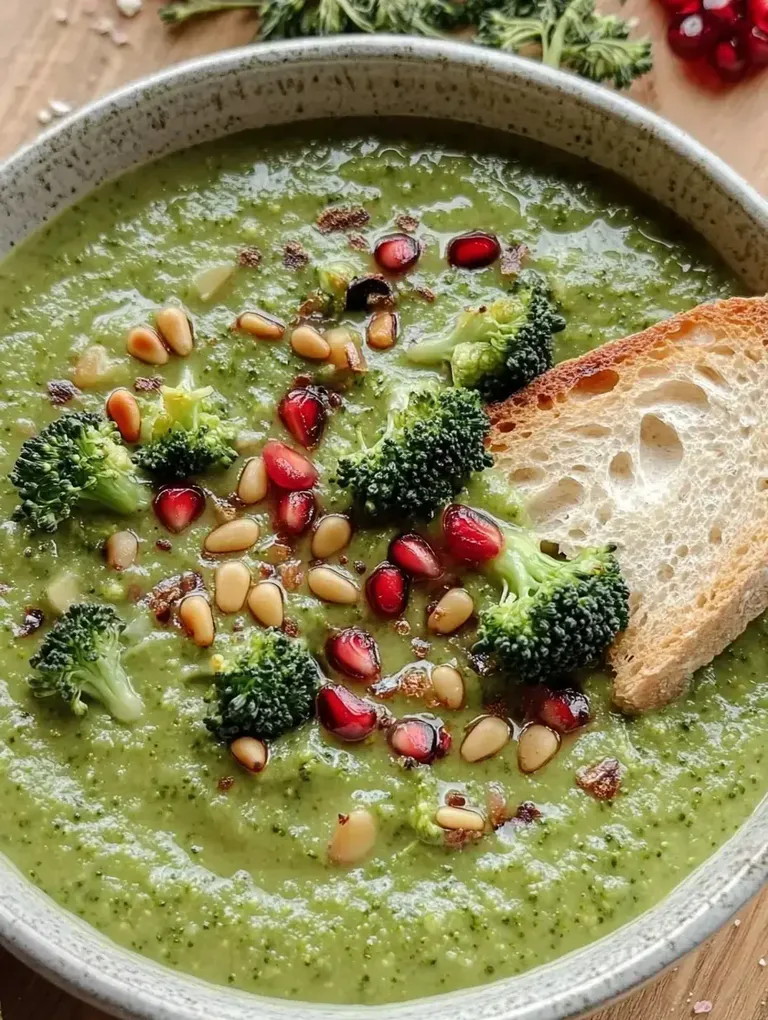 Eine Schüssel mit grüner Brokkolisuppe, garniert mit Brokkoli, Granatapfelkernen, Pinienkernen und einer Scheibe Brot.