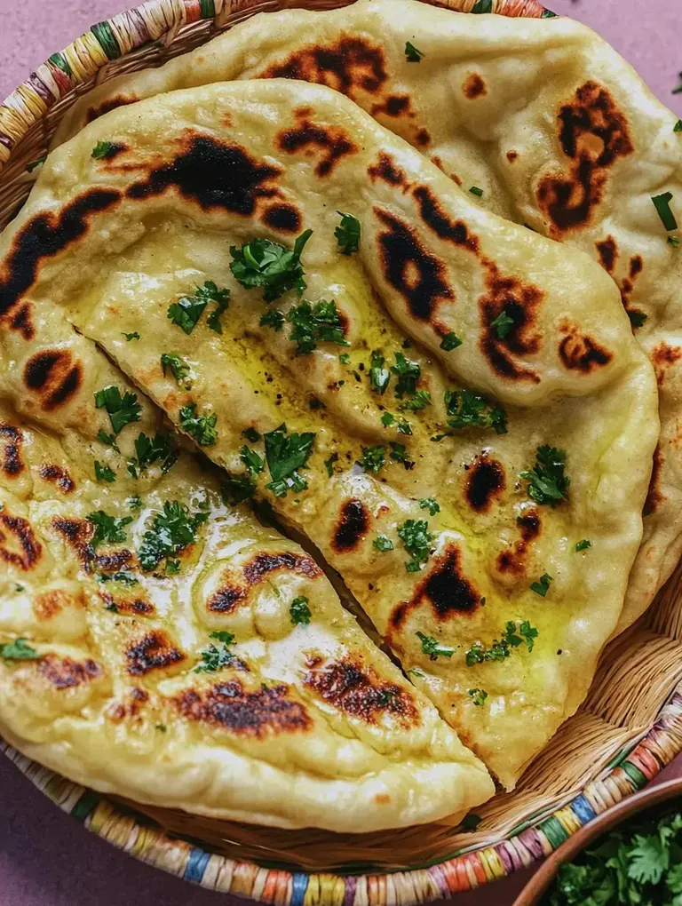 Ein Korb mit frisch gebackenem Naan, das mit frischem Koriander und etwas Öl garniert ist.