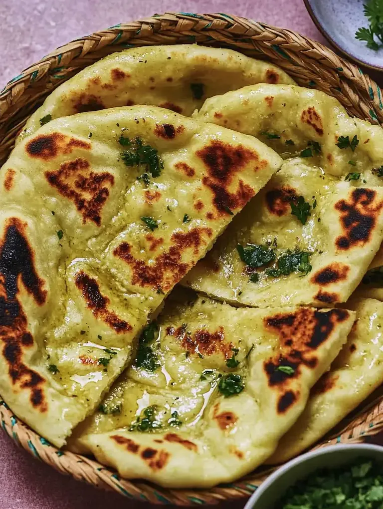 Ein Korb mit warmem, frisch gebackenem Naanbrot, das mit Kräutern garniert und teilweise mit Öl bestrichen ist.