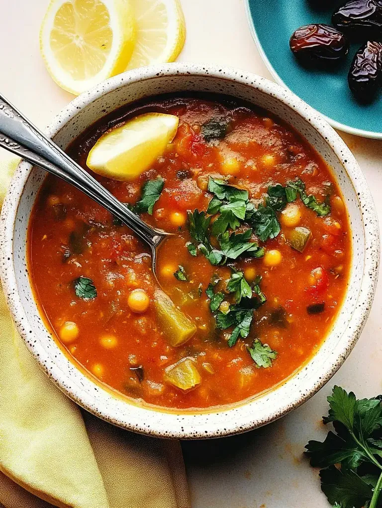 Eine Schüssel mit einer bunten Gemüsesuppe, garniert mit frischem Koriander und einem Zitronenschnitz, umgeben von Zitronenscheiben und einer kleinen Schale mit Datteln.