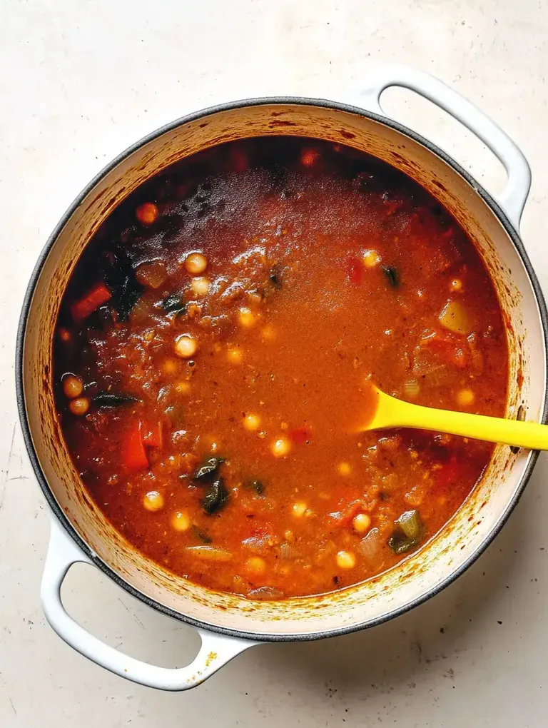 Ein großer, runder Topf mit einer reichhaltigen Suppe, die Gemüse und kleine Klöße enthält, sowie einem gelben Löffel darin.