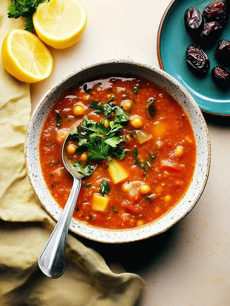 Eine Schüssel mit einer bunten Gemüsesuppe, garniert mit frischer Petersilie, daneben liegen halbierte Zitronen und eine Schale mit Datteln.