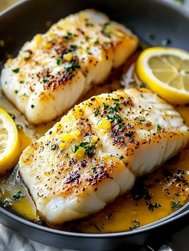 Zwei gebratene Fischfilets mit Zitronenscheiben und frischen Kräutern in einer Pfanne.