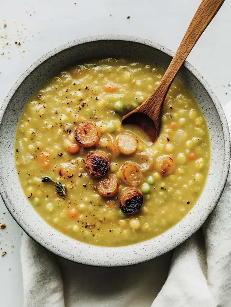 Eine Schüssel mit cremiger Erbsensuppe, garniert mit gerösteten Karottenscheiben und einem Holzlöffel daneben.