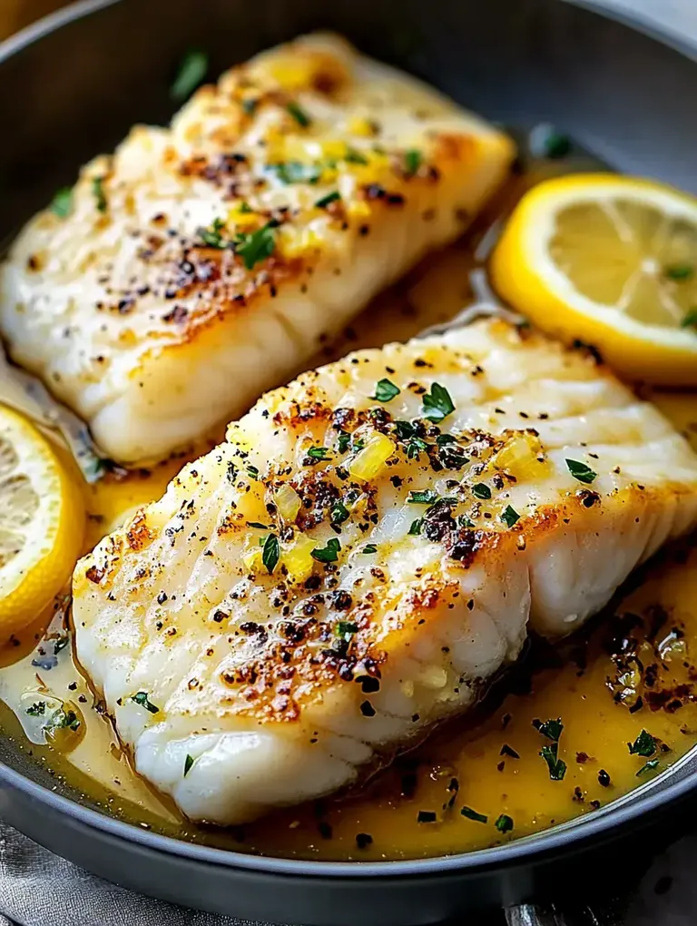 Zwei gebratene Fischfilets liegen in einer Pfanne mit Zitronenscheiben und Kräutern.