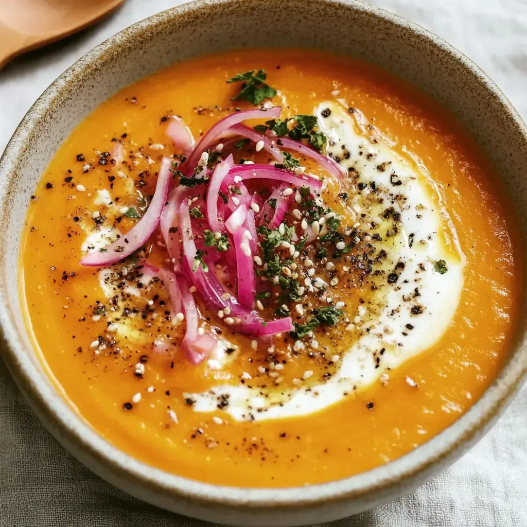 Eine Schüssel mit cremiger Kürbissuppe, garniert mit roten Zwiebeln, Joghurt, frischen Kräutern und Sesam.