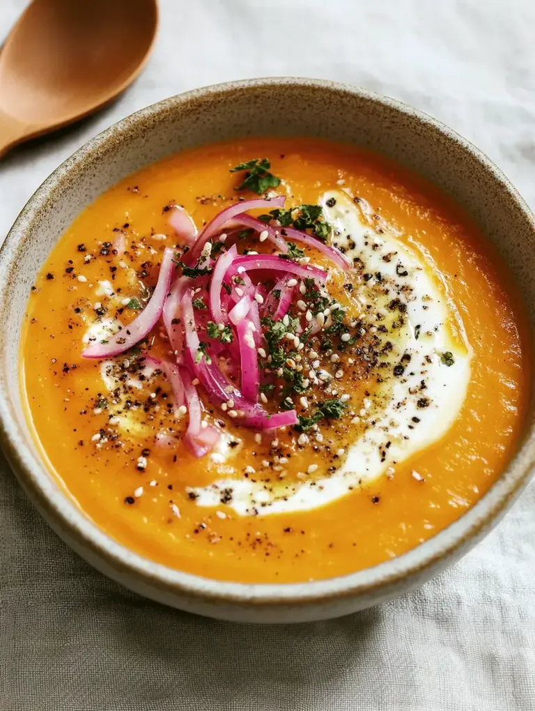 Eine Schüssel mit leuchtend orangefarbener Suppe, garniert mit roten Zwiebeln, Kräutern, einer Sahnehaube und Gewürzen.