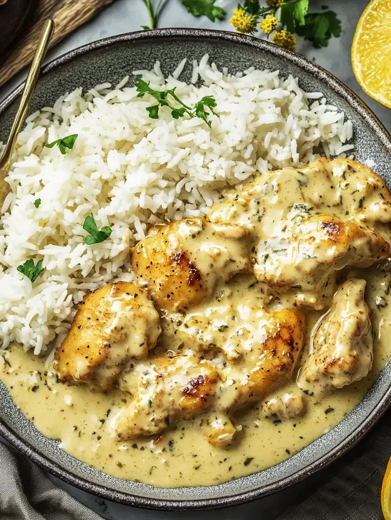 Ein Teller mit gebratenem Hühnchen in cremiger Sauce, serviert mit Reis und frischen Kräutern.