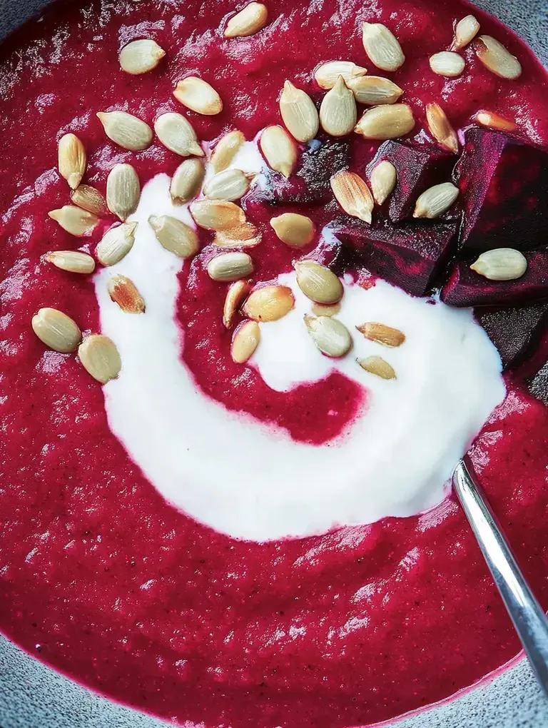 Eine tiefrote Suppe mit Joghurt und gerösteten Samen, garniert mit kleinen Stückchen Rote Bete.