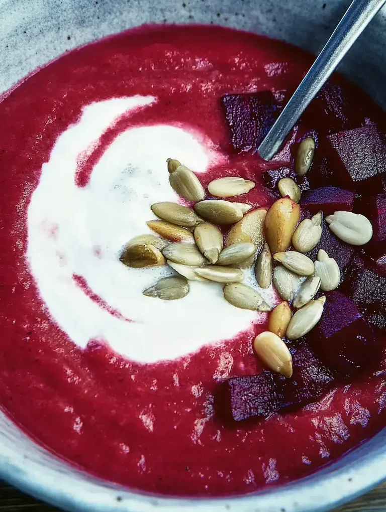 Eine Schüssel mit roter Suppe, garniert mit saurer Sahne, gewürfelten Rüben und verschiedenen Samen.