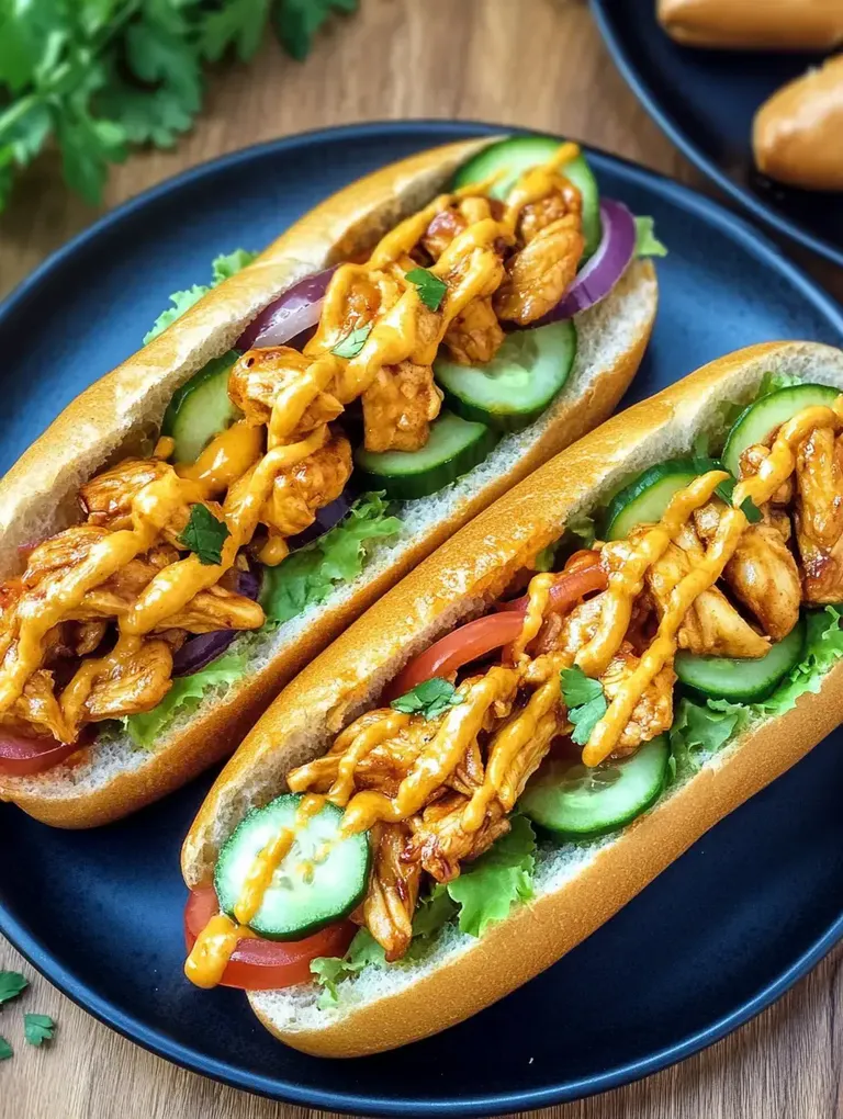 Zwei Hotdogs mit gegrilltem Hähnchen, Gurken, Tomaten, Zwiebeln und einer würzigen Sauce auf einem schwarzen Teller.