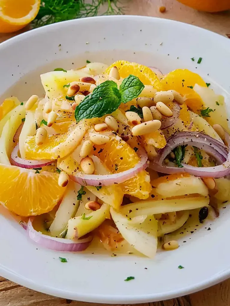 Ein frischer Salat aus Äpfeln, Orangen, roten Zwiebeln, Pinienkernen und einem Hauch von Minze, serviert in einer weißen Schüssel.
