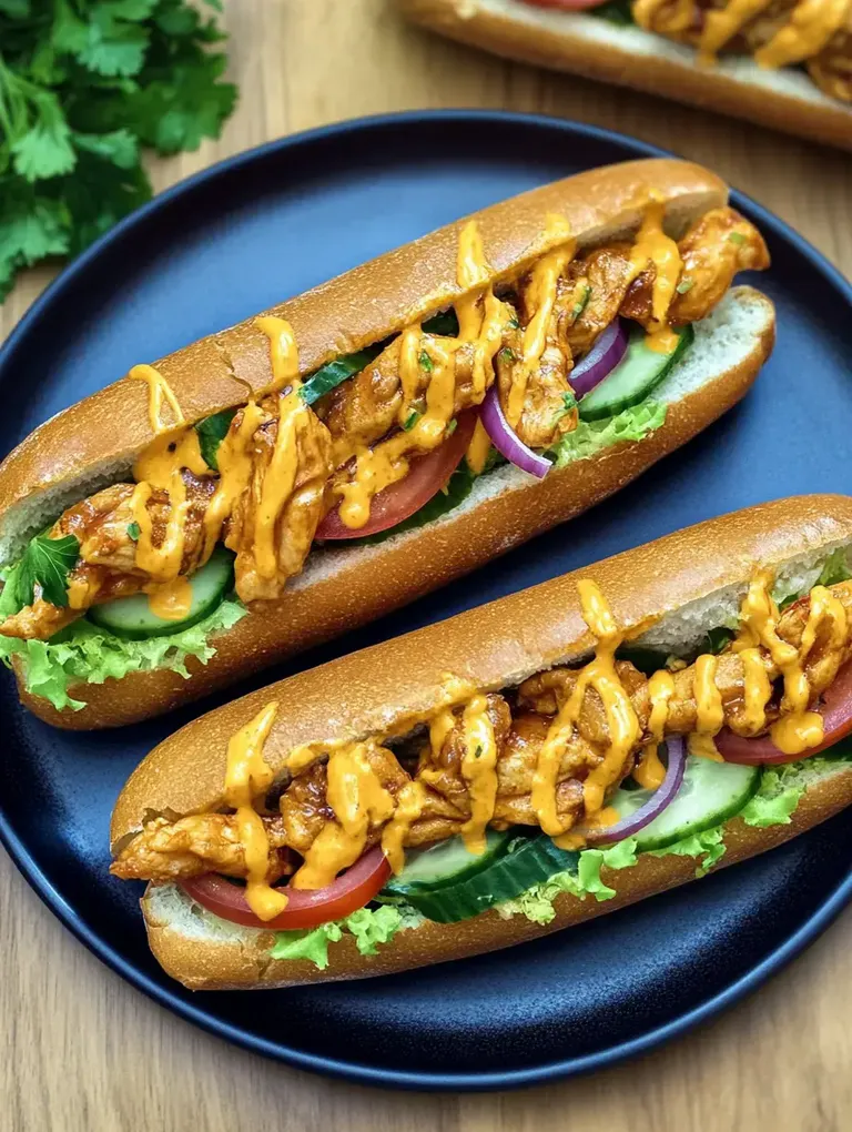 Zwei mit gegrilltem Hähnchen, Gemüse und einer cremigen Sauce gefüllte Sandwiches auf einem blauen Teller.