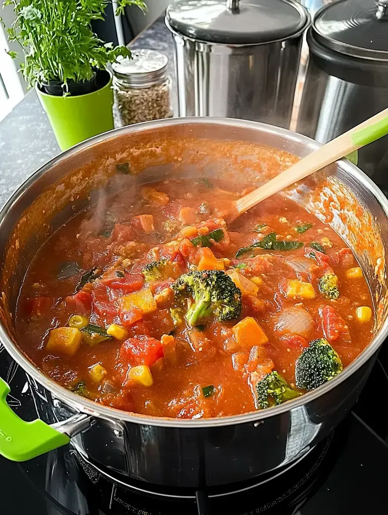 Ein dampfender Topf mit einer bunten Gemüsesuppe steht auf einem Herd, während Kräuter in einem Blumentopf im Hintergrund sichtbar sind.