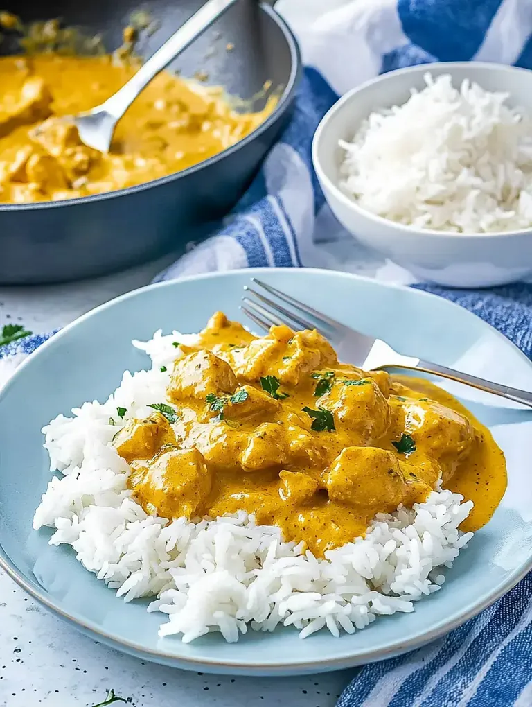 Ein Teller mit weißem Reis, der mit einer cremigen Sauce und Hühnerstücken garniert ist, während im Hintergrund eine Pfanne mit der gleichen Speise zu sehen ist.