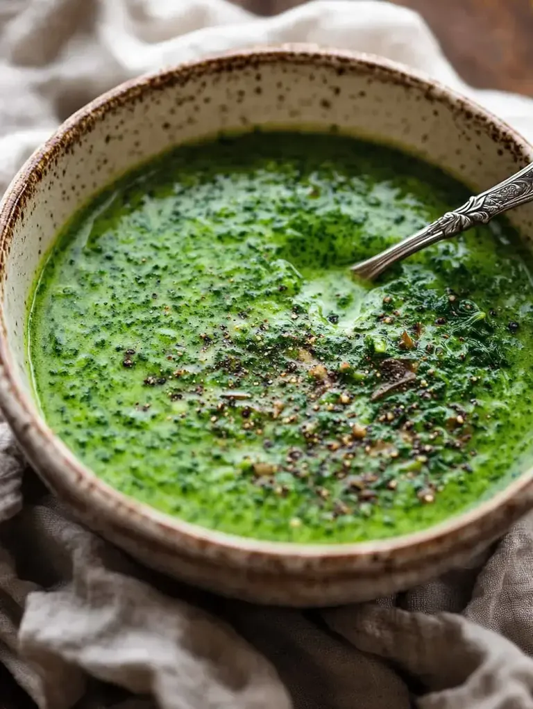 Eine Schüssel mit grüner Suppe, garniert mit Gewürzen, auf einem Stofftuch.