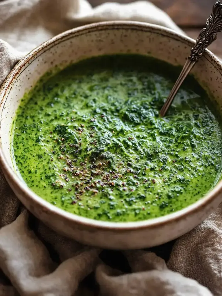 Eine Schüssel mit cremiger grüner Suppe, garniert mit gepulvertem Pfeffer und umgeben von einem grauen Tuch.