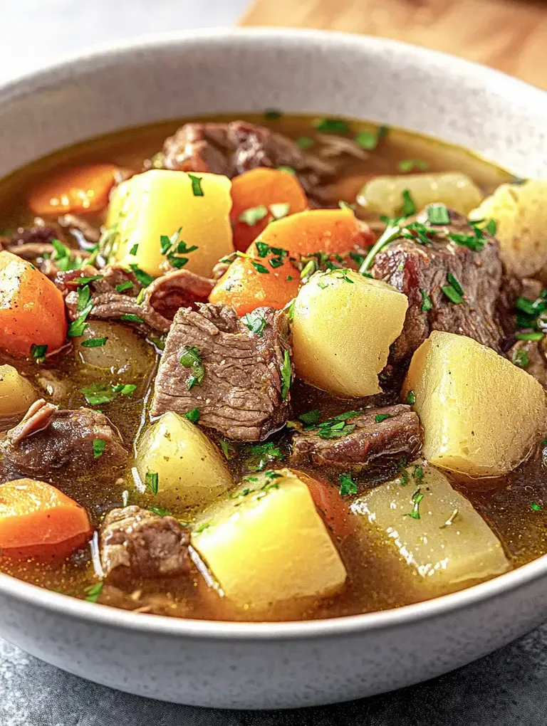 Eine Schüssel mit herzhaftem Eintopf aus Fleisch, Kartoffeln und Karotten, garniert mit frischer Petersilie.