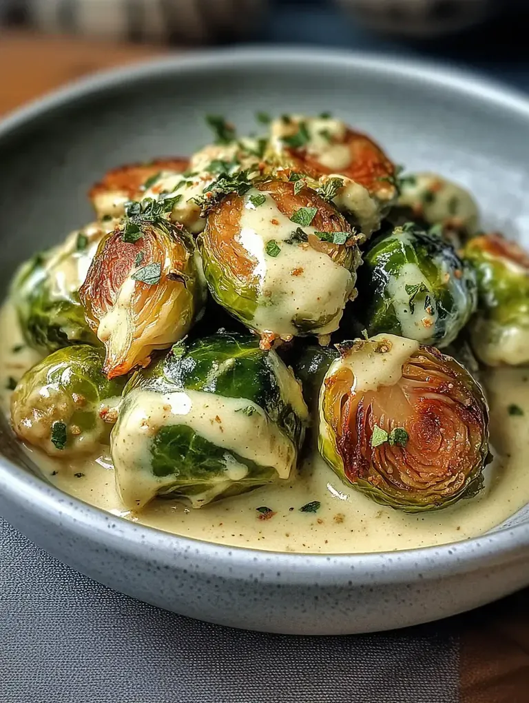 Ein Teller mit gerösteten Rosenkohl-Köpfen, übergossen mit einer cremigen Sauce und garniert mit frischen Kräutern.