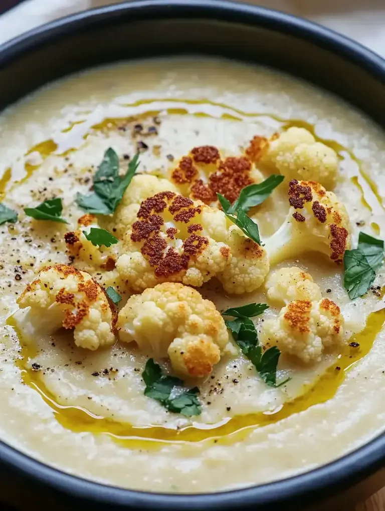 Eine cremige Blumenkohlsuppe, garniert mit gerösteten Blumenkohlröschen und frischer Petersilie.