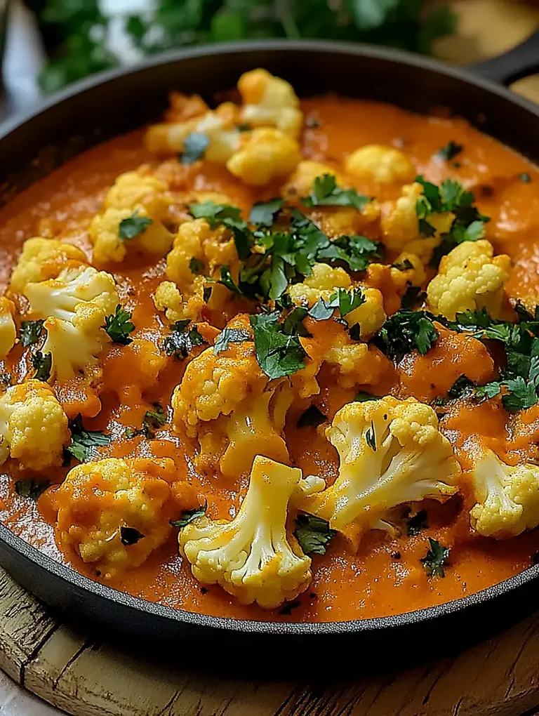 Ein Pfannengericht mit Blumenkohl in einer cremigen Tomatensauce, garniert mit frischem Koriander.