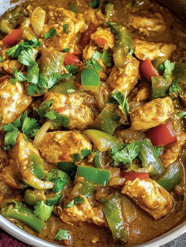 Ein reichhaltiges Gericht aus Hühnchen mit grünen und roten Paprika, garniert mit frischem Koriander in einer würzigen Sauce.