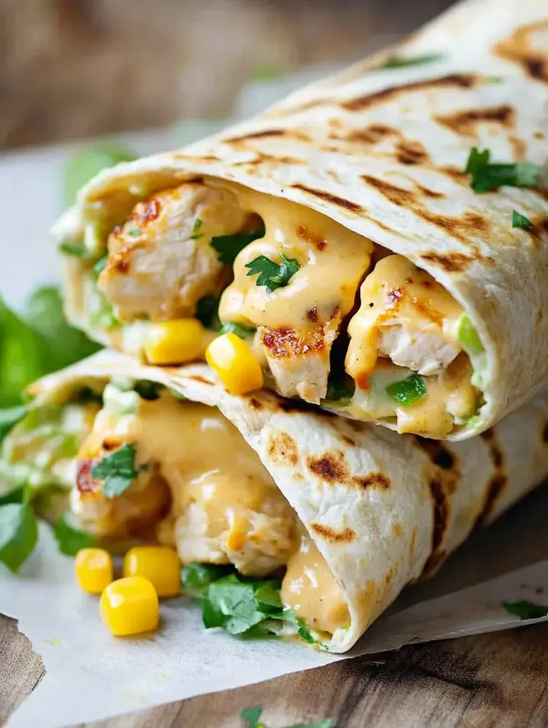 Zwei gefüllte Tortillas mit gegrilltem Hähnchen, Mais, Koriander und einer cremigen Sauce.