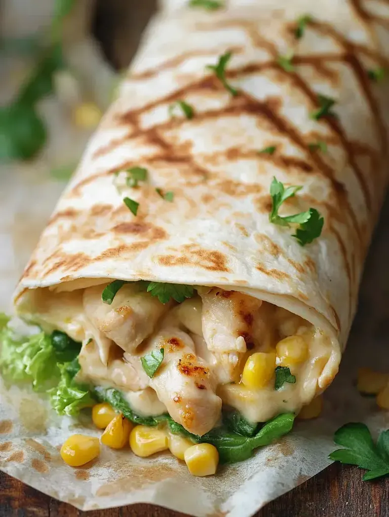 Ein gegrillter Wrap gefüllt mit Hähnchen, Salat, Mais und einer cremigen Sauce, garniert mit frischem Koriander.