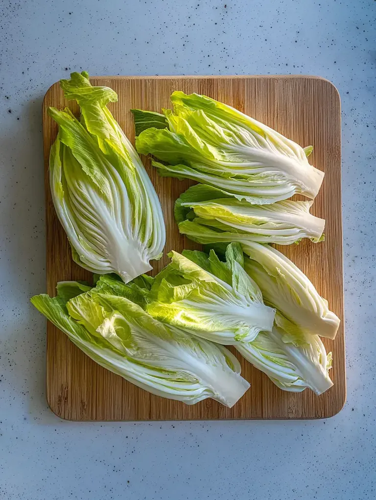 Auf einem Holzbrett liegen mehrere halbierte Bok Choy-Kohls mit frisch grünen Blättern.