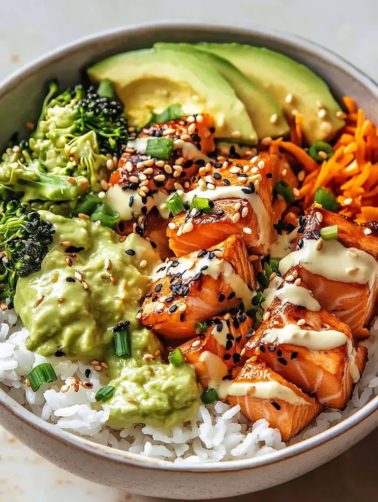 Eine Schüssel mit Reis, gegrilltem Lachs, Avocadoscheiben, Brokkoli, Karotten, Sesam und einer cremigen Sauce.