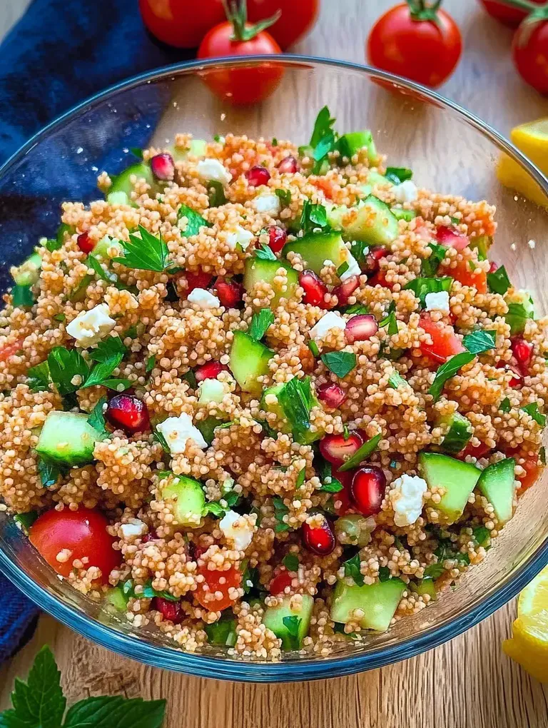 Ein bunter Couscous-Salat mit Tomaten, Gurken, Granatapfelkernen, Minze und Feta, angerichtet in einer Glasschüssel.