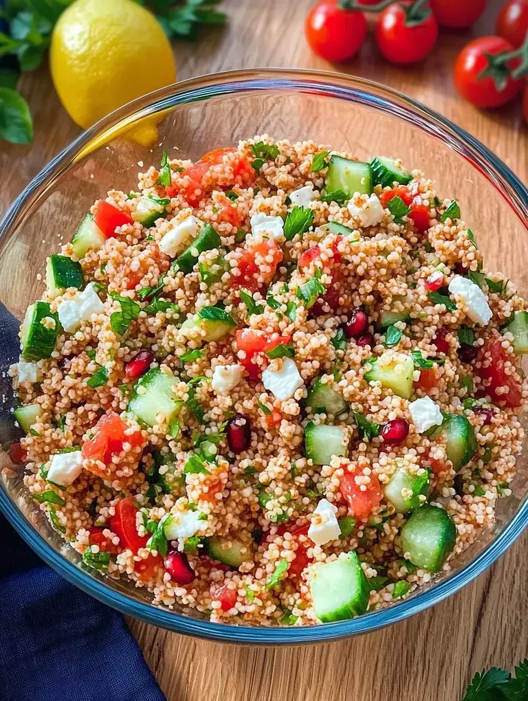 Ein frischer Couscous-Salat mit Tomaten, Gurken, Feta und Granatapfelkernen in einer Glasschüssel.