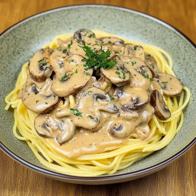 Spaghetti an Pilzrahmsauce