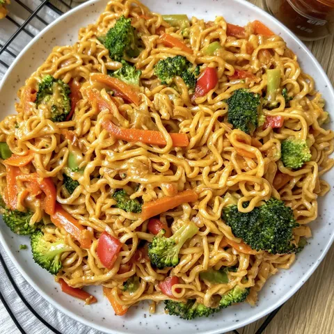 Mie Nudeln mit Erdnusssauce und Gemüse