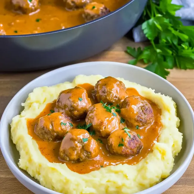 Saftige Hackbällchen in Rahmsauce mit Kartoffelpüree